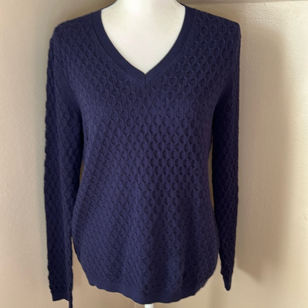 Tommy Hilfiger V neck navy blue honeycomb pattern sweater. Timeless and classic